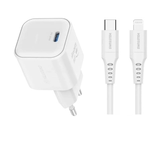 Ładowarka sieciowa Swissten 22070140 GaN 1x USB-C - Lightning 20W Biały