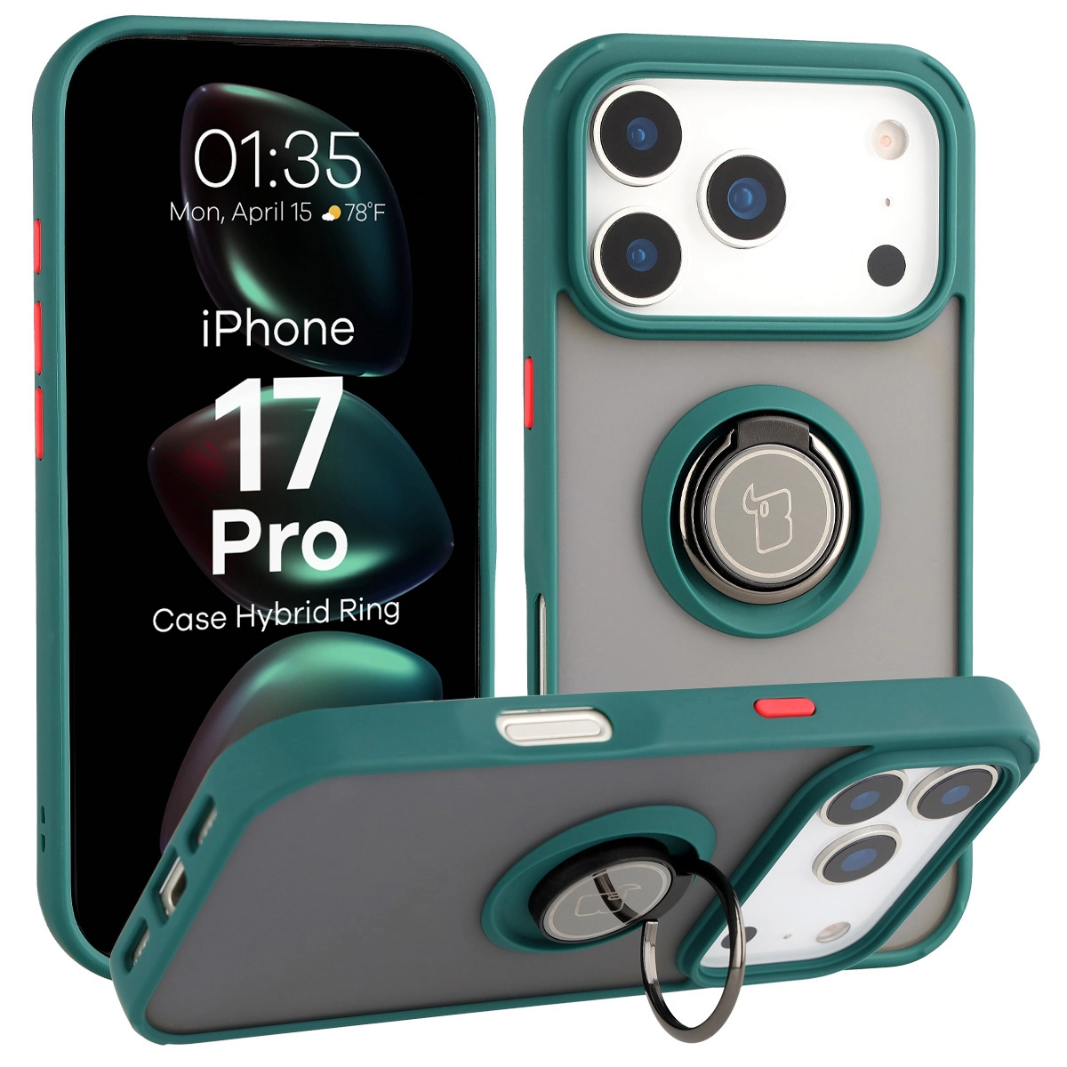 Etui Bizon z uchwytem na palec Hybrid Ring do Apple iPhone 17 Pro Przydymione z zieloną ramką