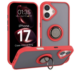 Etui Bizon z uchwytem na palec Hybrid Ring do Apple iPhone 17 Przydymione z Czerwoną ramką