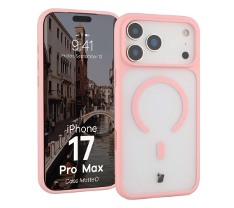 Etui Bizon MatteO z MagSafe do Apple iPhone 17 Pro Max Półprzezroczyste z różową ramką