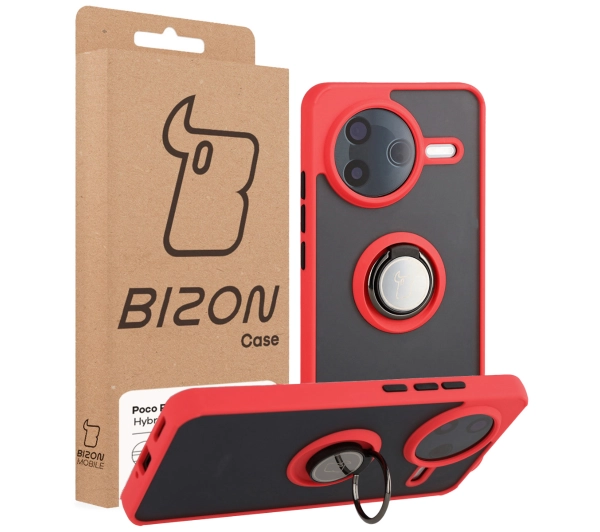 Bizon z uchwytem na palec Hybrid Ring do Xiaomi POCO F7 Pro Przydymione z czerwoną ramką