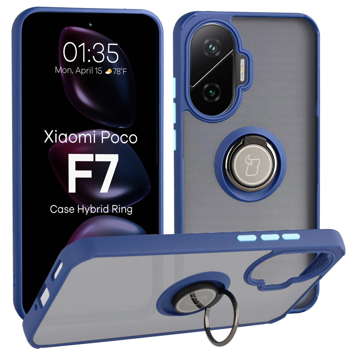 Etui Bizon z uchwytem na palec Hybrid Ring do Xiaomi POCO F7 Przydymione z niebieską ramką