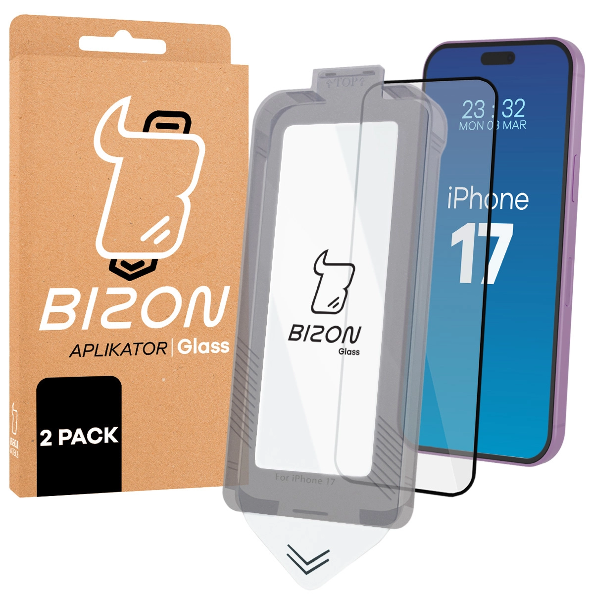 Szkło hartowane Bizon z ramką do łatwej aplikacji Glass Aplikator do iPhone 17 2szt
