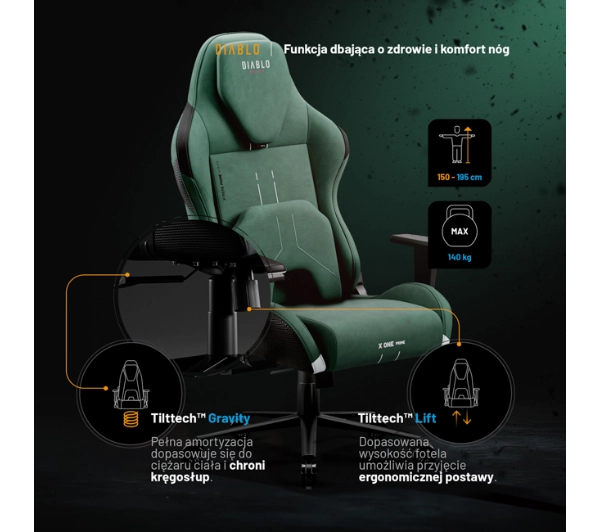Diablo Chairs X.One Prime Normal Size Forest Green Gamingowy  Do 140kg Tkanina Zielony - Kup na Raty - RRSO 0%
