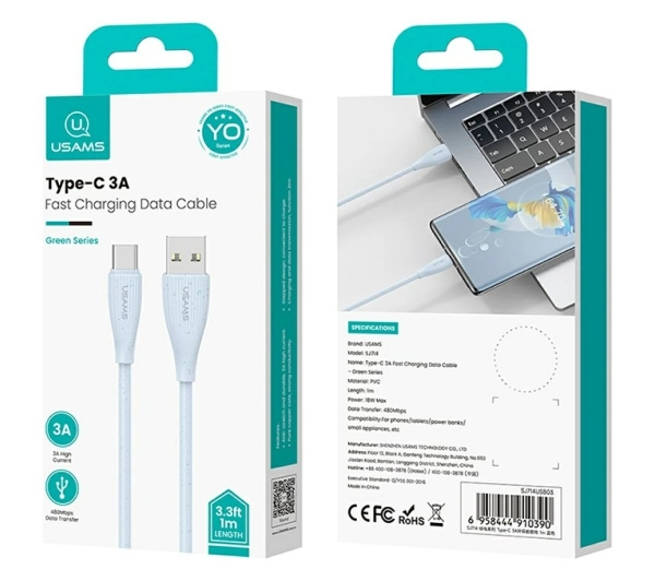 USAMS Green Series 18W 3A USB-A do USB-C 1m Biały