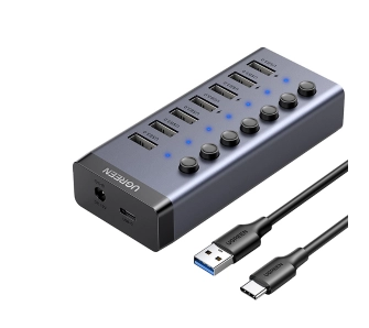 Hub USB UGREEN 90307 7w1 USB-C 7x USB-A 3.0 12V 2A Czarny