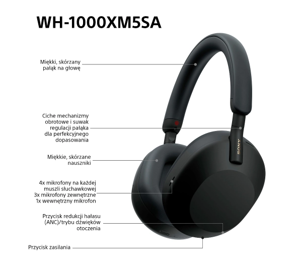 Sony WH-1000XM5SA ANC (Miękki futerał) Nauszne Bluetooth 5.2 Czarny - ⚡ BESTSELLERY ⚡ - Kup na Raty - RRSO 0%