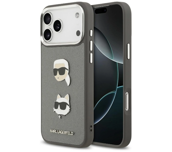 Karl Lagerfeld FW Grained Karl & Choupette Heads Pins & Logo do iPhone 17 Pro Max Szary