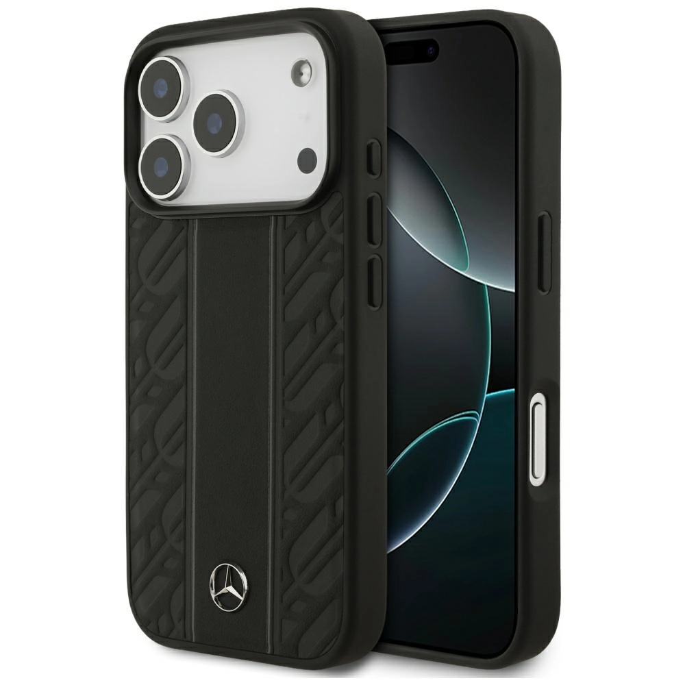 Etui Mercedes-Benz Leather Laurel Leaves Stripes MagSafe do iPhone 17 Pro czarny