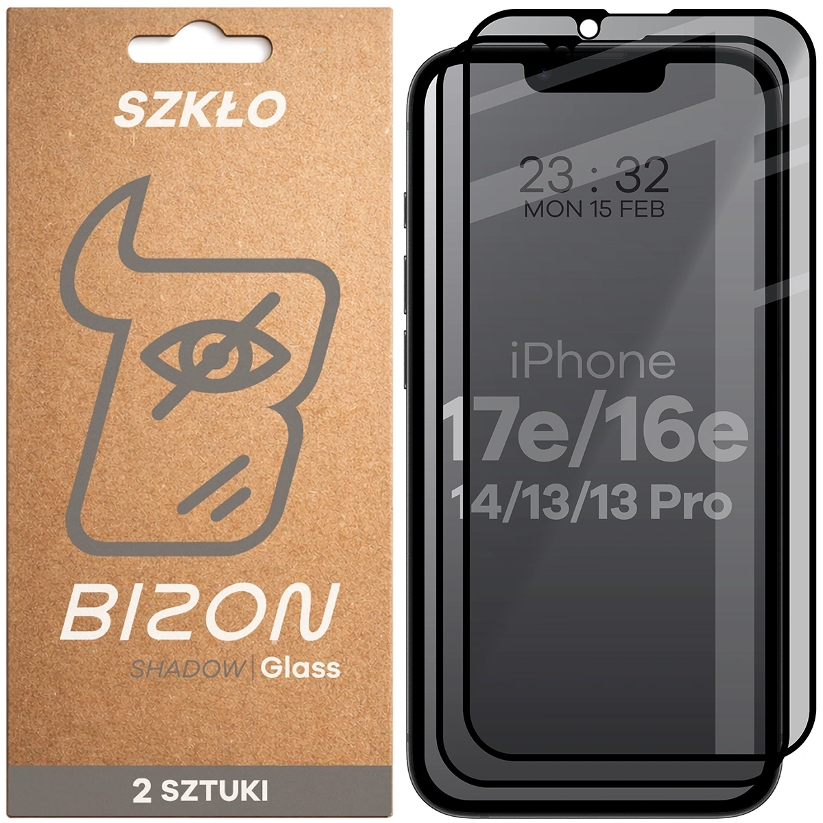 Szkło hartowane Bizon prywatyzujące pełne Edge Shadow Duo do iPhone 16e / 14 / 13 / 13 Pro / 17e 2 sztuki