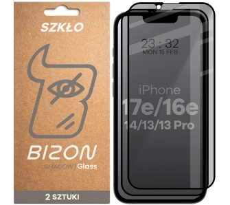 Szkło hartowane Bizon prywatyzujące pełne Edge Shadow Duo do iPhone 16e / 14 / 13 / 13 Pro / 17e 2 sztuki