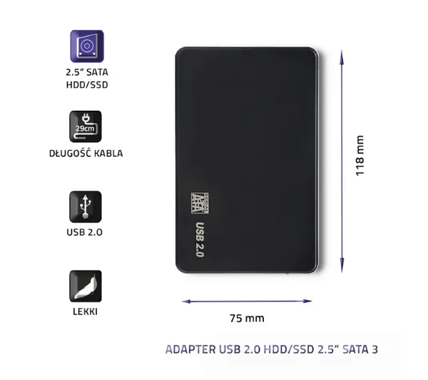 Qoltec 51862 HDD/SSD 2.5" SATA3 USB 2.0 Czarny