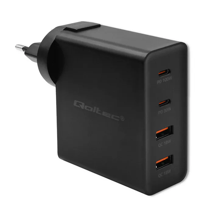 Ładowarka sieciowa Qoltec 52383 Power Pro GaN 2x USB-A 2x USB-C 130W Czarny