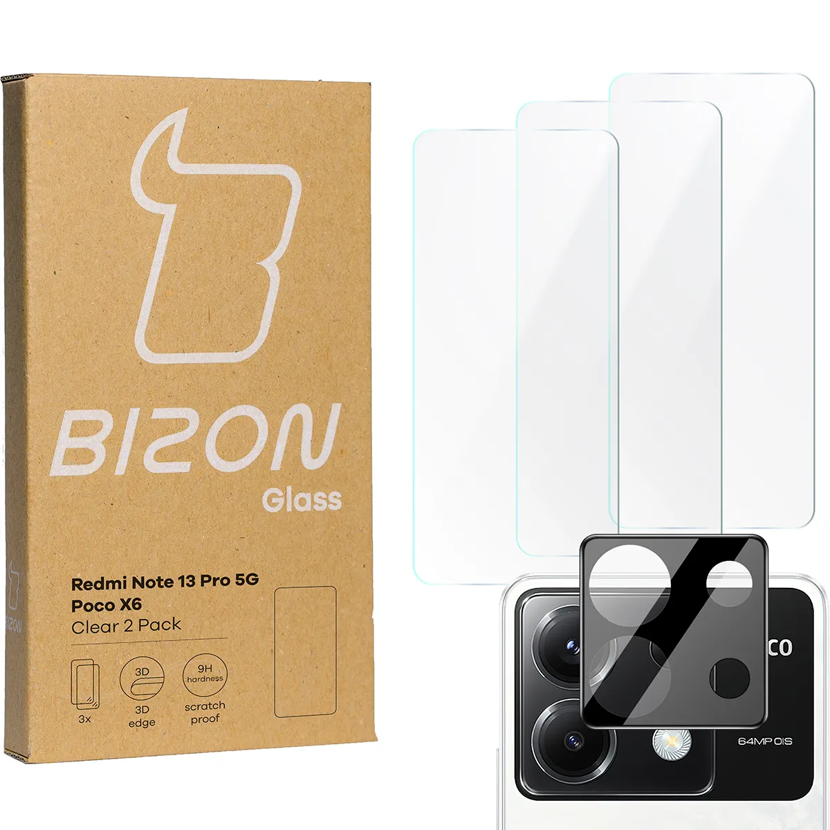 Zestaw ochronny Bizon 3x Szkło hartowane + szybka na aparat Clear 2 Pack do POCO M6 Pro 4G / Xiaomi Redmi Note 13 Pro 4G