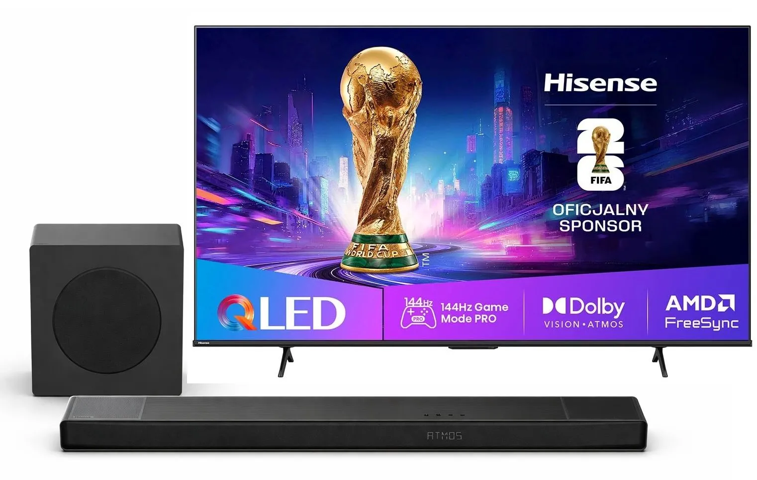 Telewizor Hisense 65E7Q PRO 65" QLED 4K 144Hz Smart TV Funkcje AI Dolby Vision Dolby Atmos HDMI 2.1 + Soundbar AX3120Q