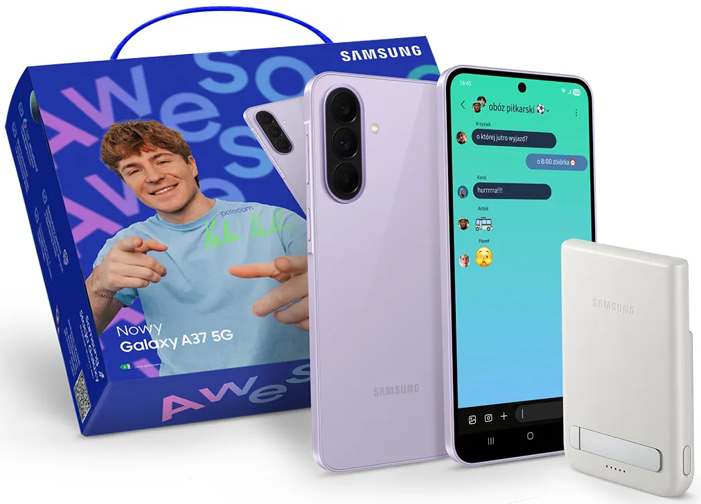 Zestaw smartfon Samsung Galaxy A37 5G 8/256GB 6,7" 120Hz 50Mpix Fioletowy + Powerbank Samsung Qi2 Magnet 5000mAh + Opakowanie prezentowe