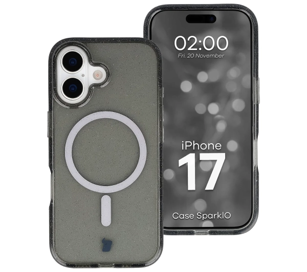 Bizon Case SparklO do iPhone 17 Przezroczysto-Czarne z Brokatem