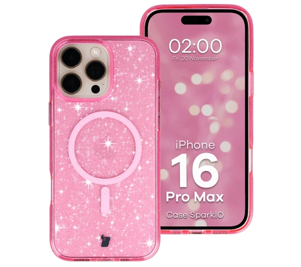 Bizon Case SparklO do iPhone 16 Pro Max Przezroczysto-Różowe Z Brokatem