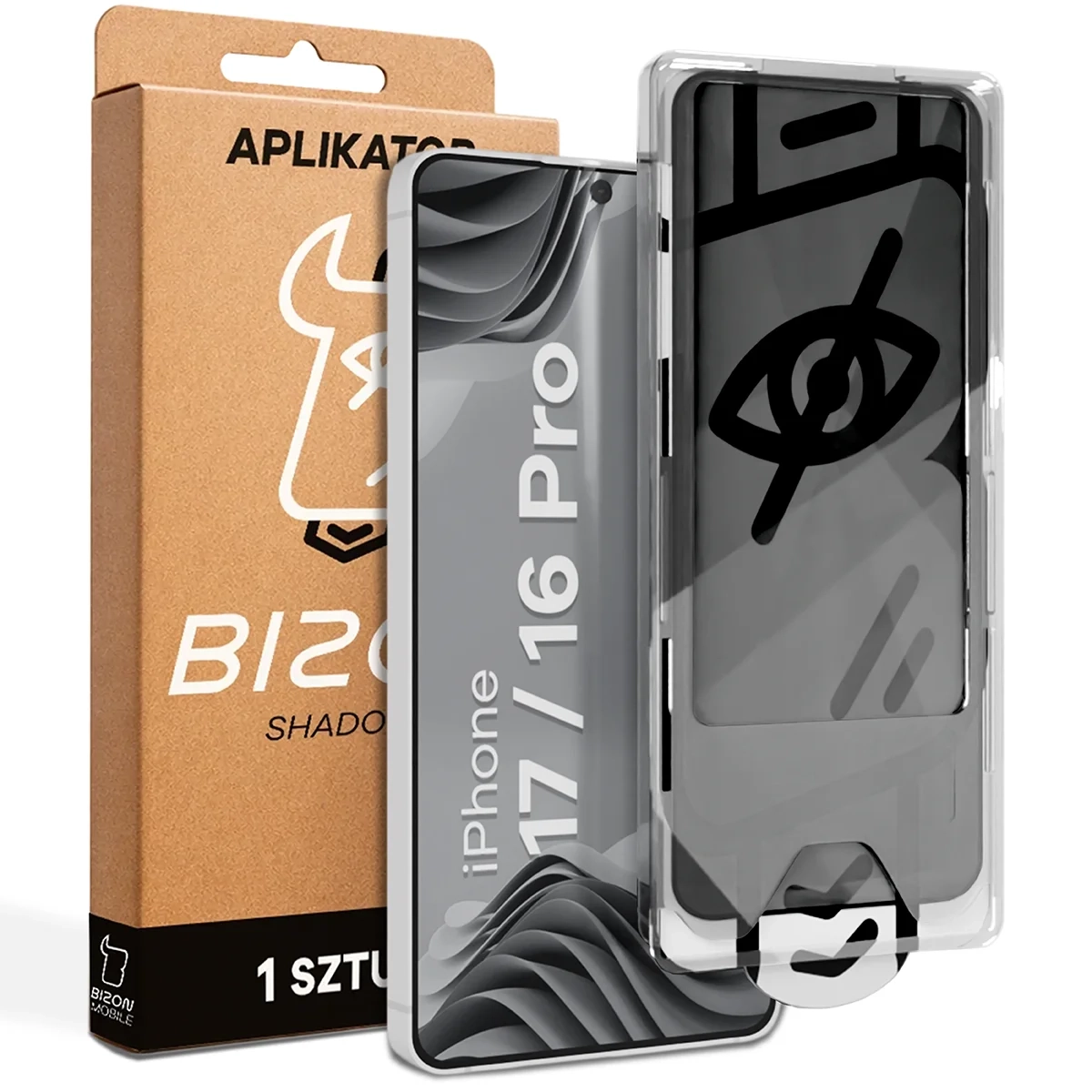 Szkło hartowane Bizon prywatyzujące z ramką montażową Glass Aplikator Shadow do iPhone 16 Pro / 17 1 zestaw