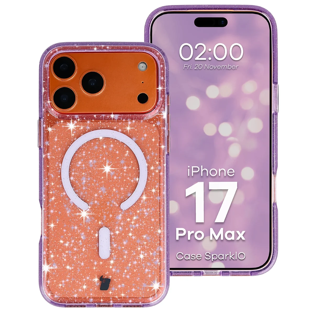 Etui Bizon Case SparklO do iPhone 17 Pro Max / 18 Pro Max Przezroczysto-Fioletowe Z Brokatem