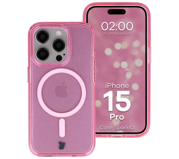 Bizon Case SparklO do iPhone 15 Pro Przezroczysto-Różowe Z Brokatem