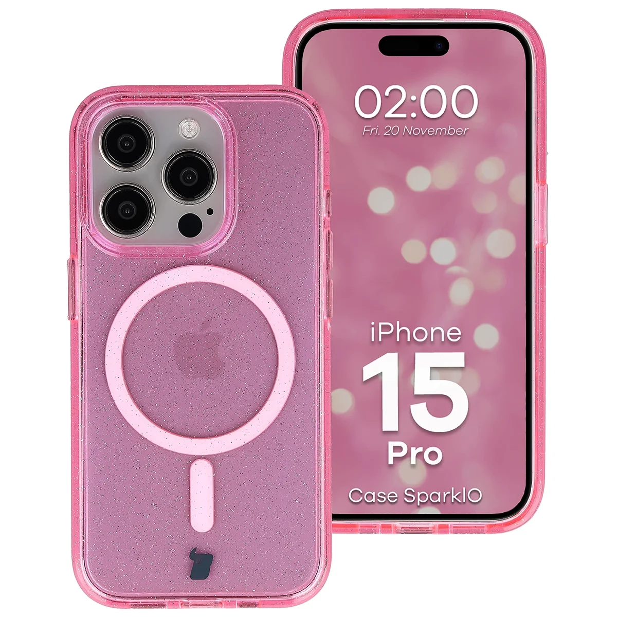 Etui Bizon Case SparklO do iPhone 15 Pro Przezroczysto-Różowe Z Brokatem