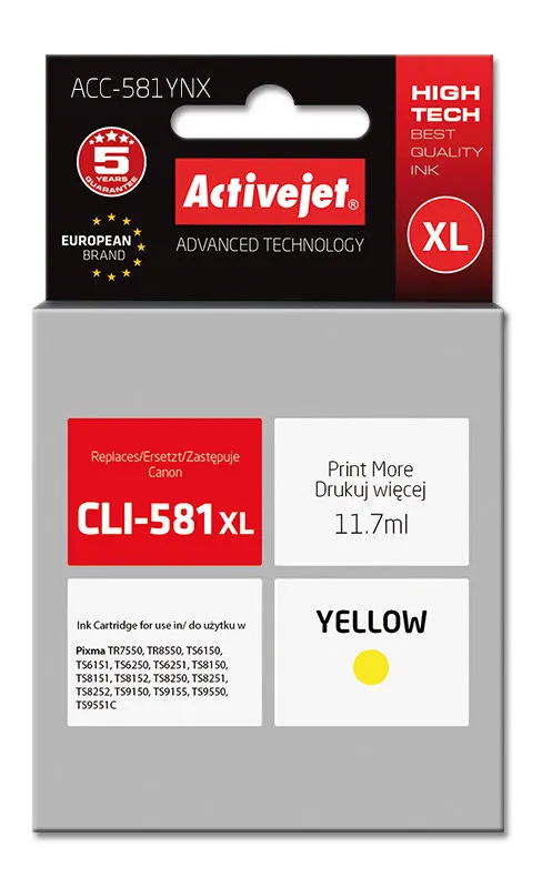 Tusz ActiveJet ACC-581YNX (zamiennik CLI-581XL) Żółty 11,7 ml