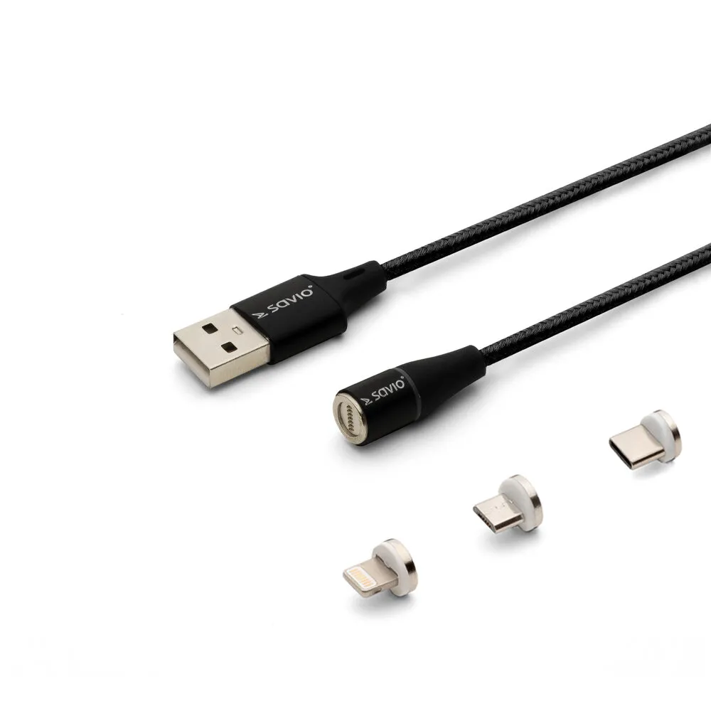 Kabel Savio CL-155 USB-A do USB-C/microUSB/Lightning magnetyczny 2m Czarny