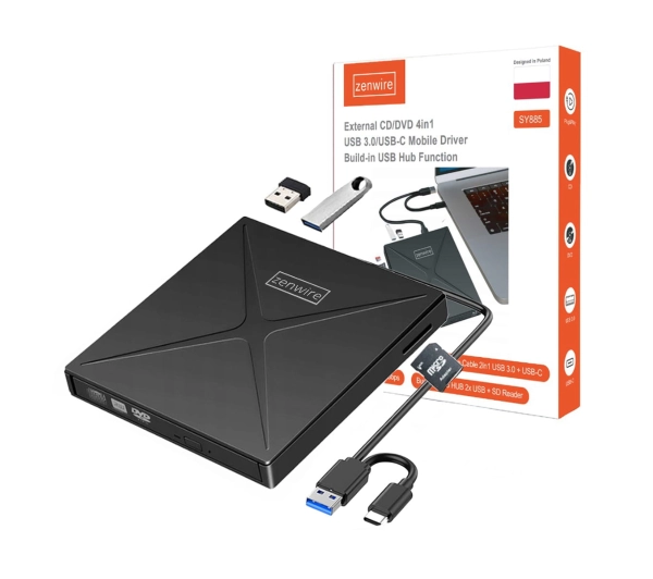 Zewnętrzny Przenośny Napęd Nagrywarka Odtwarzacz DVD CD Rw Usb-c Usb 3.0 Sd