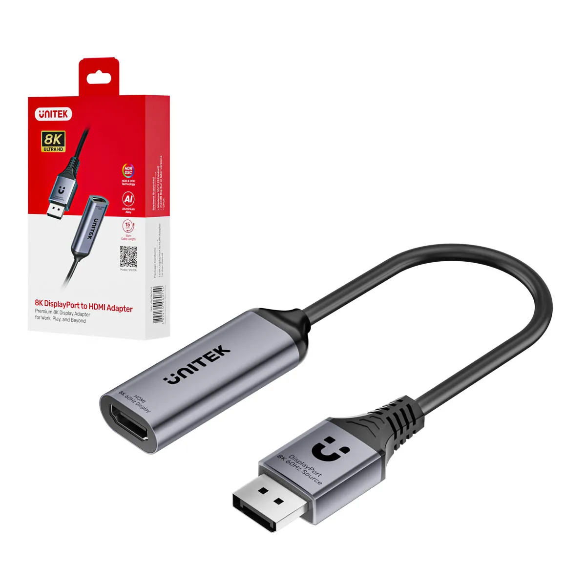 Adapter Unitek V1617AGY01 8K 60Hz HDR 48Gb/s DisplayPort do HDMI 2.1 15cm