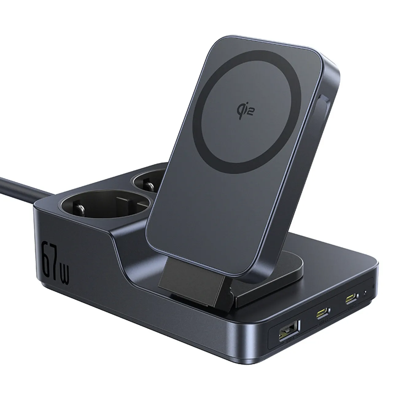 Stacja ładująca Baseus NOMOS ND11 6w1 Qi2 2 gniazda AC USB-A 2x USB-C 67W Czarny