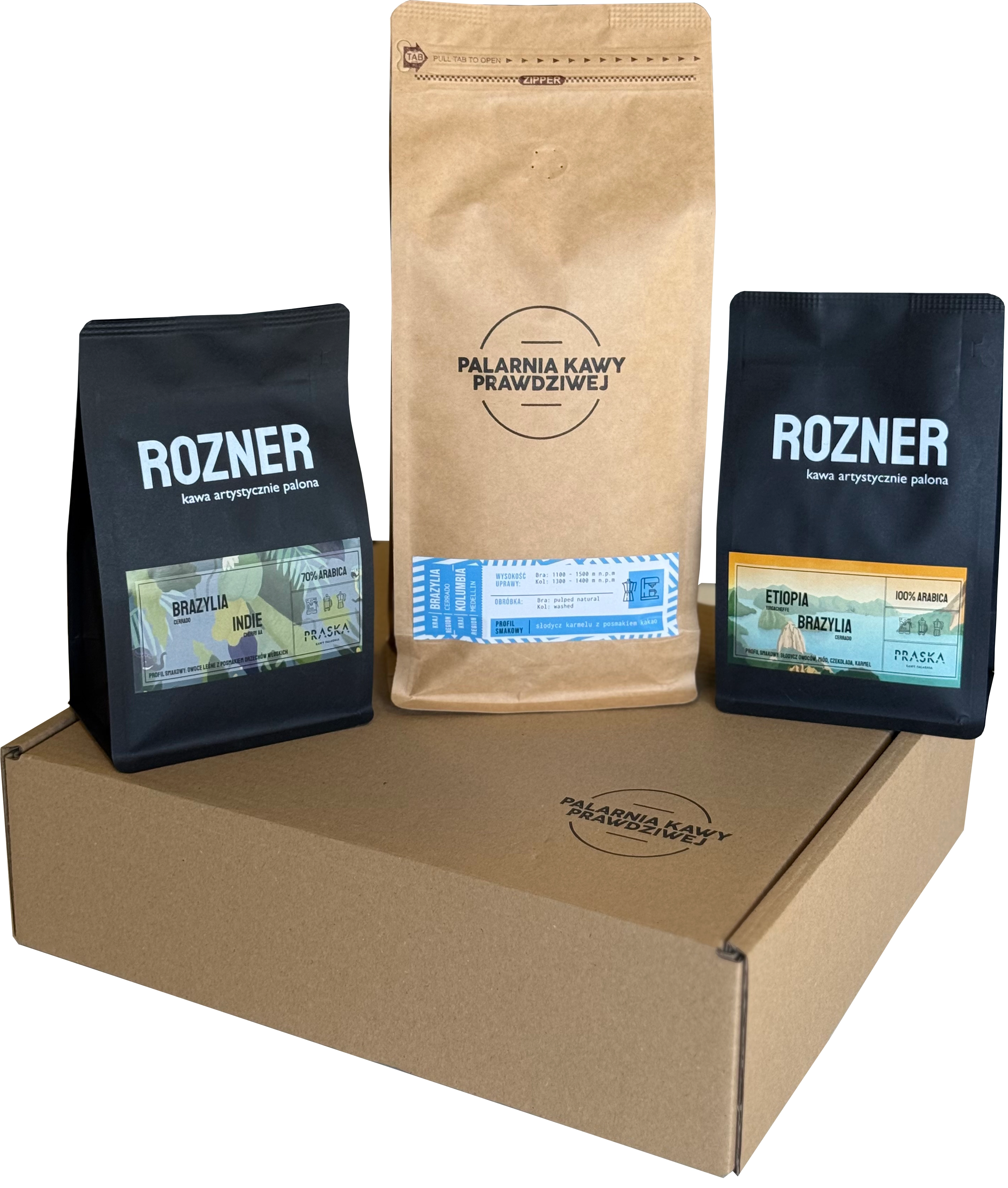 Kawa ziarnista Palarnia Kawy Prawdziwej Zestaw Brazylia Etiopia 250g + Brazylia Indie 250g + Brazylia Cerrado & Kolumbia Medellin 1kg