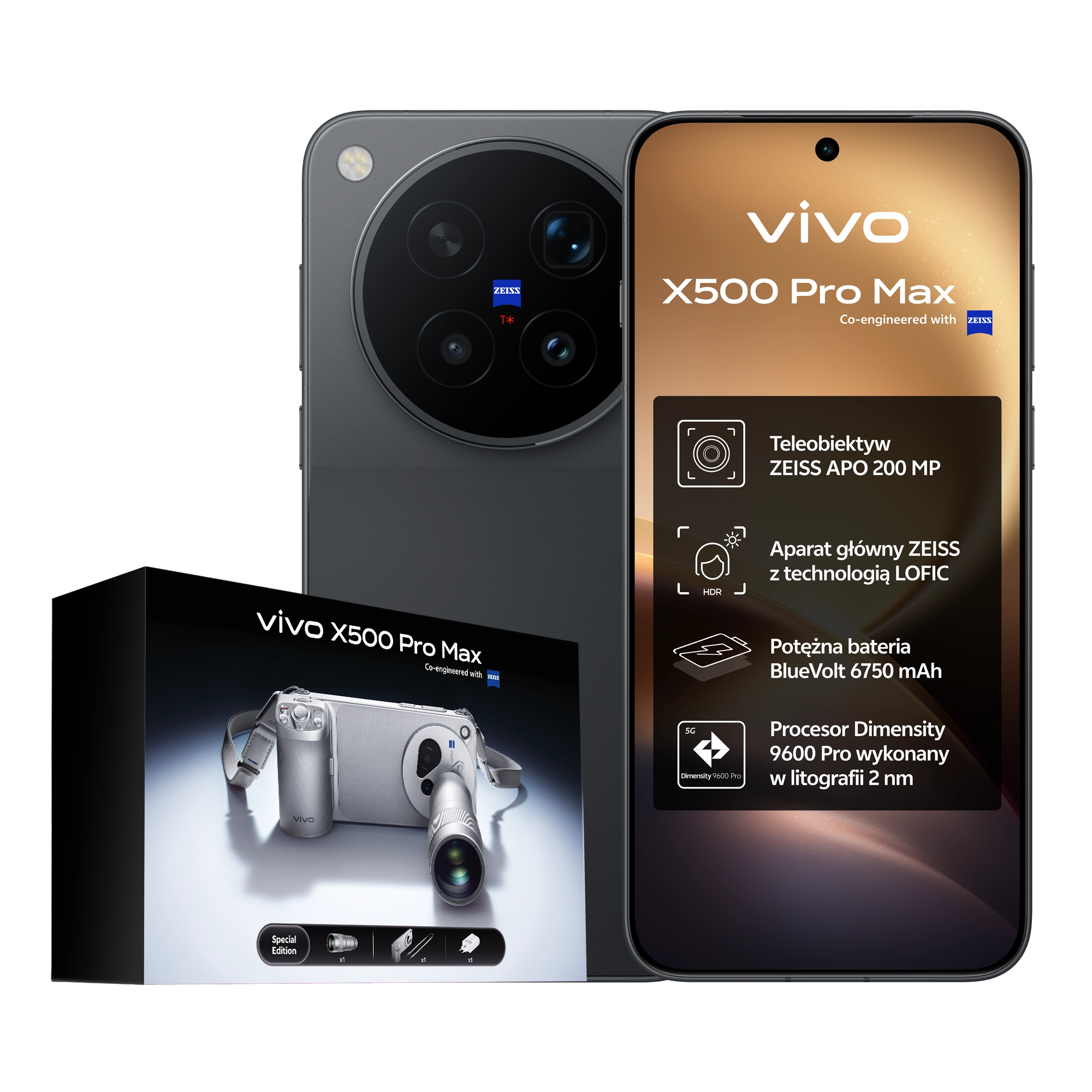 Smartfon vivo X500 Pro Max 12/512GB 6,85" Funkcje AI 144Hz 50Mpix Czarny + Zestaw Telekonwerter