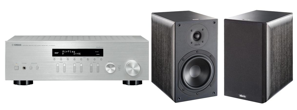 Zestaw stereo Yamaha MusicCast R-N303D (srebrny), Indiana Line Nota 260 X (czarny dąb)