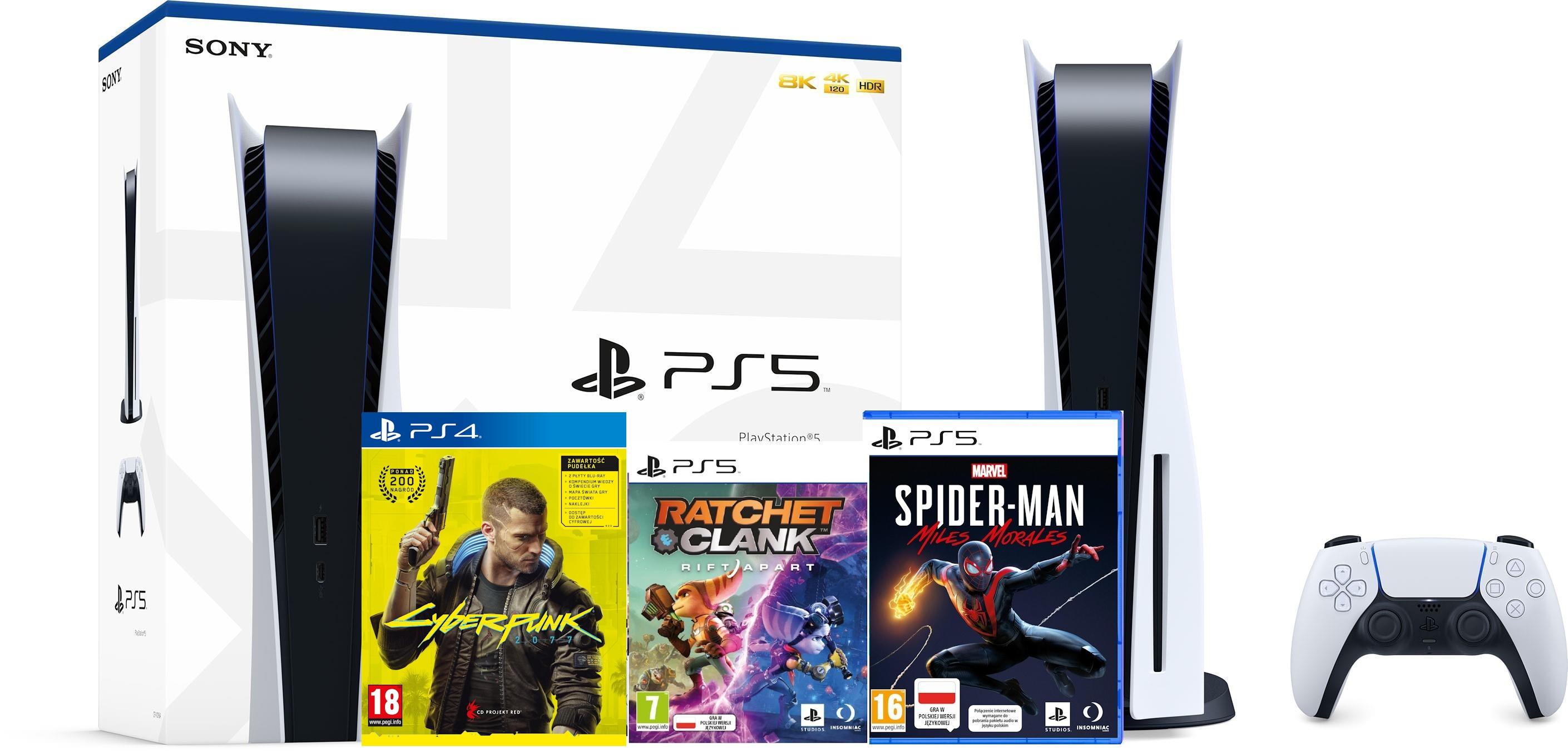 Konsola Sony PlayStation 5 (PS5) + Marvel’s Spider-Man: Miles Morales + Cyberpunk 2077 + preorder Ratchet & Clank: Rift Apart