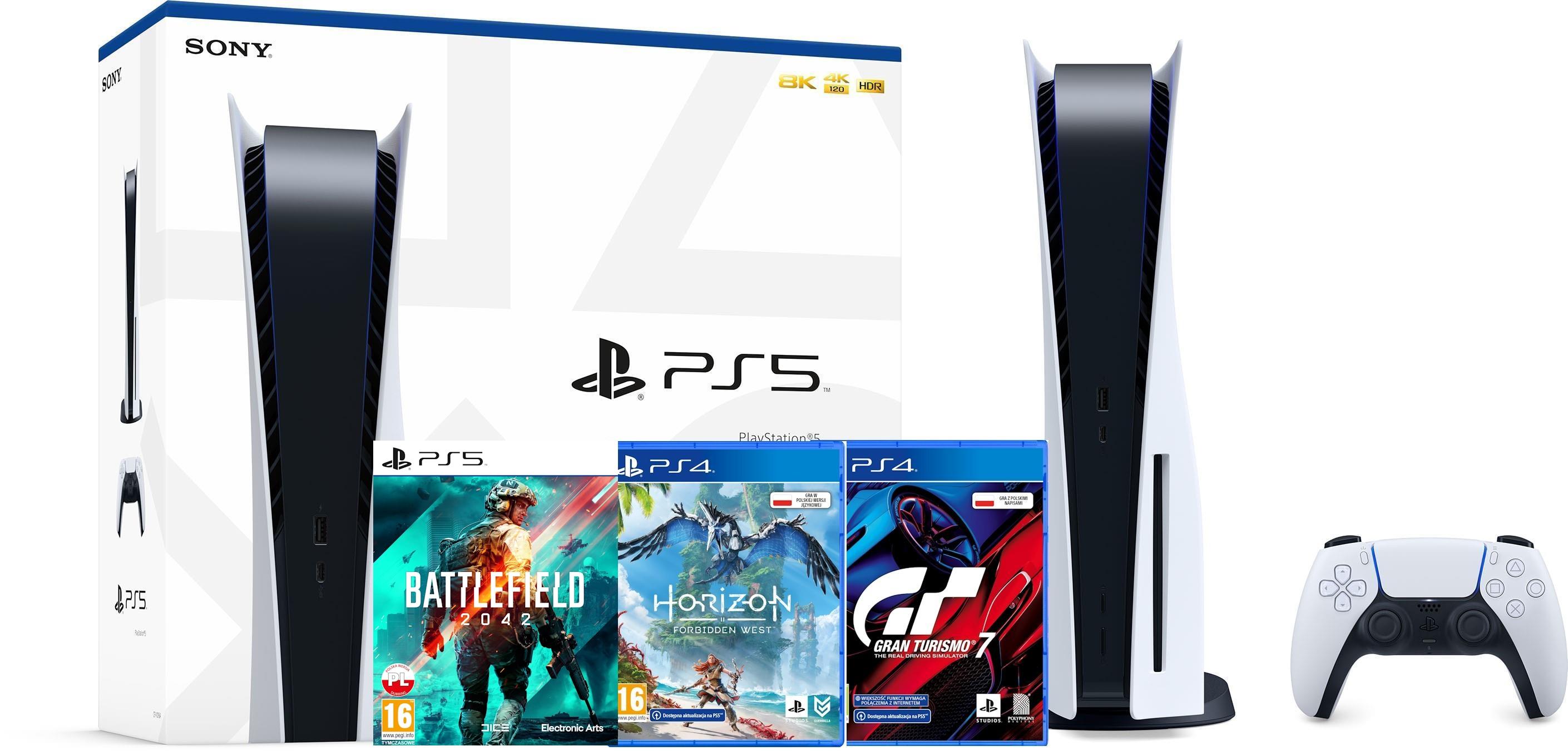Konsola Sony PlayStation 5 (PS5) z napędem - Gran Turismo 7 - Horizon Forbidden West - Battlefield 2042