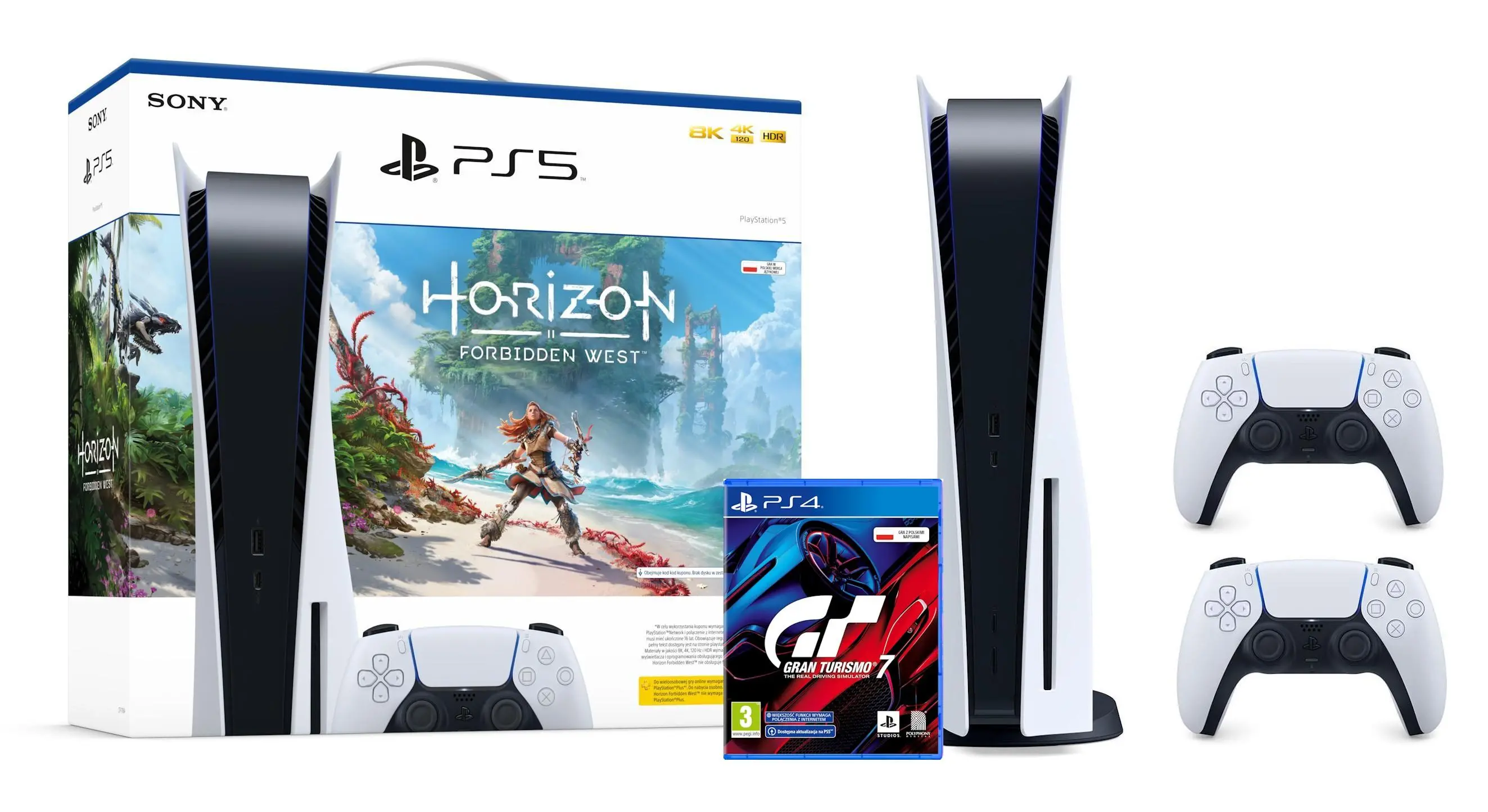 Konsola Sony PlayStation 5 (PS5) z napędem + Horizon Forbidden West + Gran Turismo 7 + Dodatkowy Pad Biały