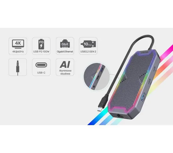 Unitek D1029A, USB-C, HDMI, RJ45, 3,5mm, PD 100W