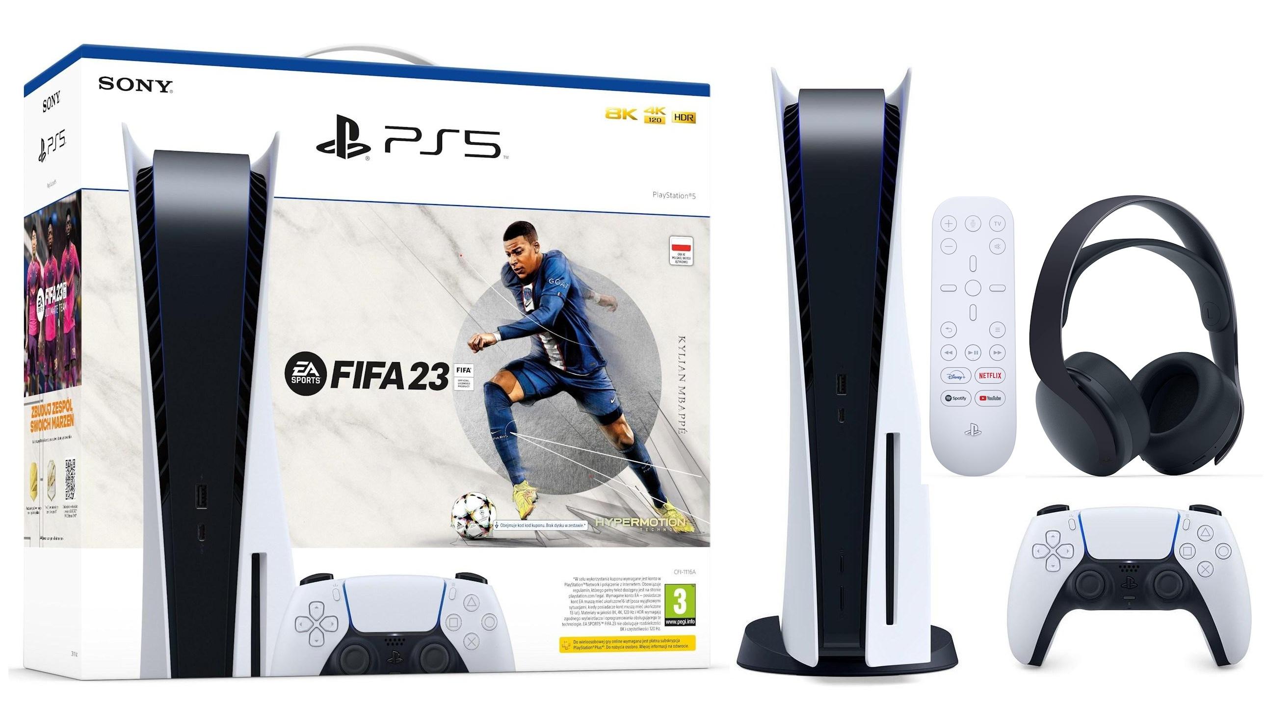 Konsola Sony PlayStation 5 (PS5) z napędem - FIFA 23 - słuchawki PULSE 3D (czarny) - pilot