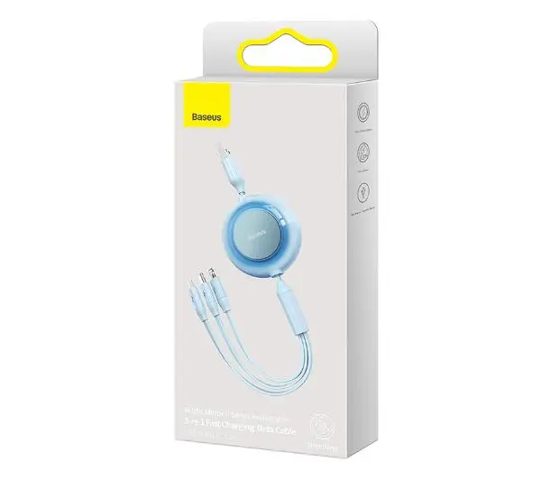 Baseus 3w1 Bright Mirror 2 microUSB Lightning USB-C płaski 3,5A 1,1m Błękitny