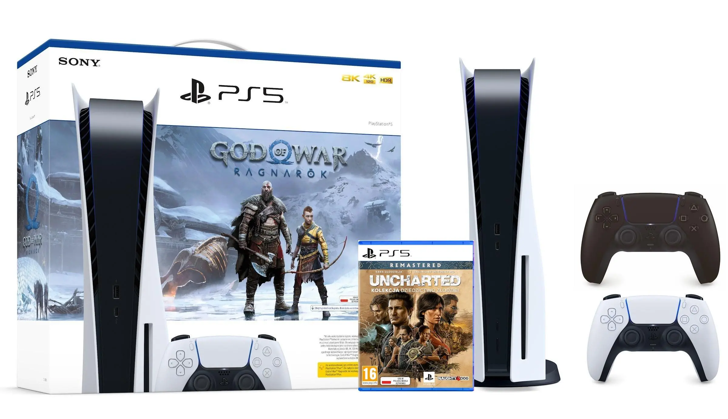 Konsola Sony PlayStation 5 (PS5) z napędem + Dodatkowy Pad Czarny + God of War Ragnarok + Uncharted: Kolekcja