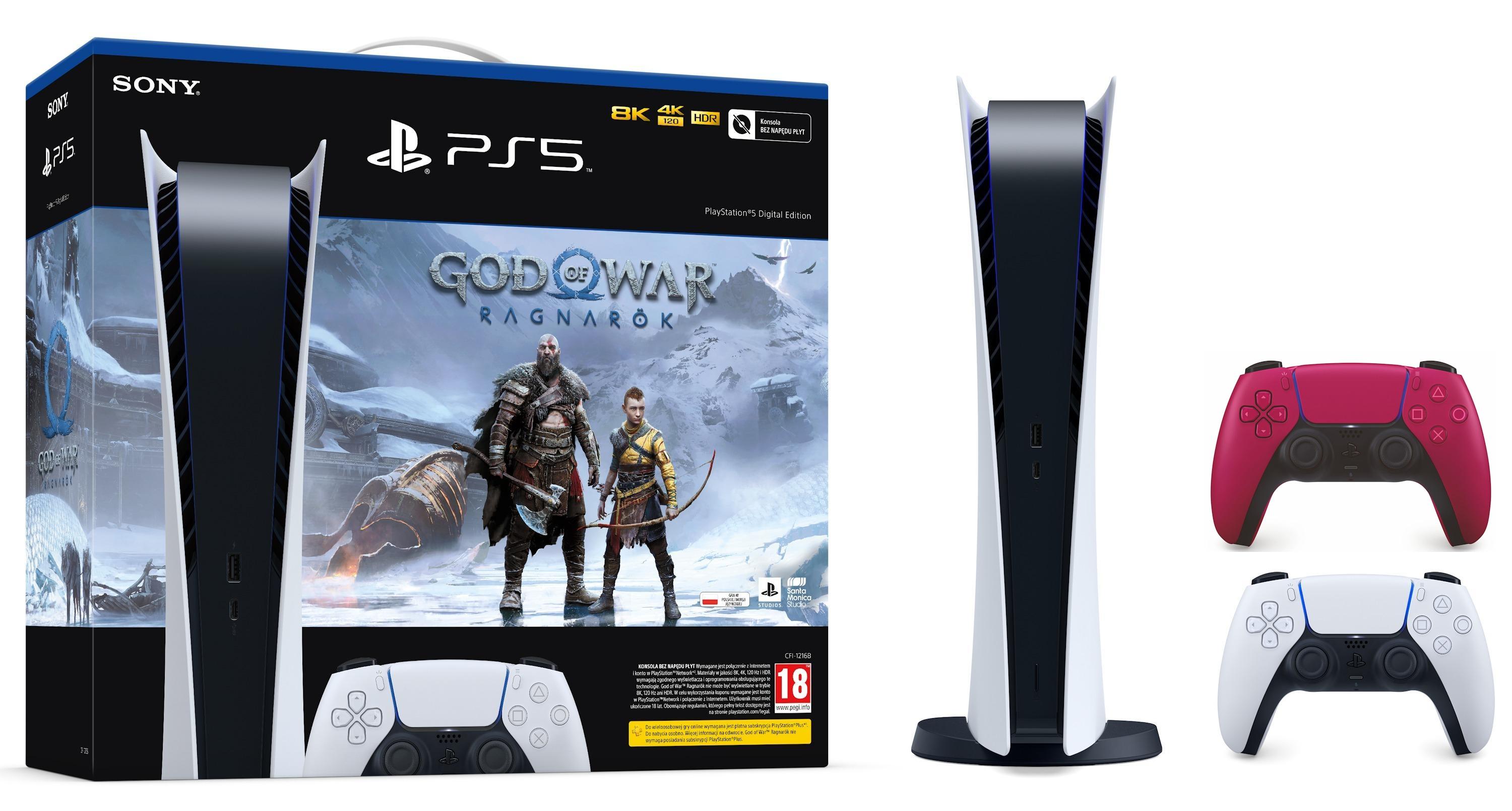 Konsola Sony PlayStation 5 Digital Edition (PS5) + dodatkowy pad (czerwony) + God of War Ragnarok