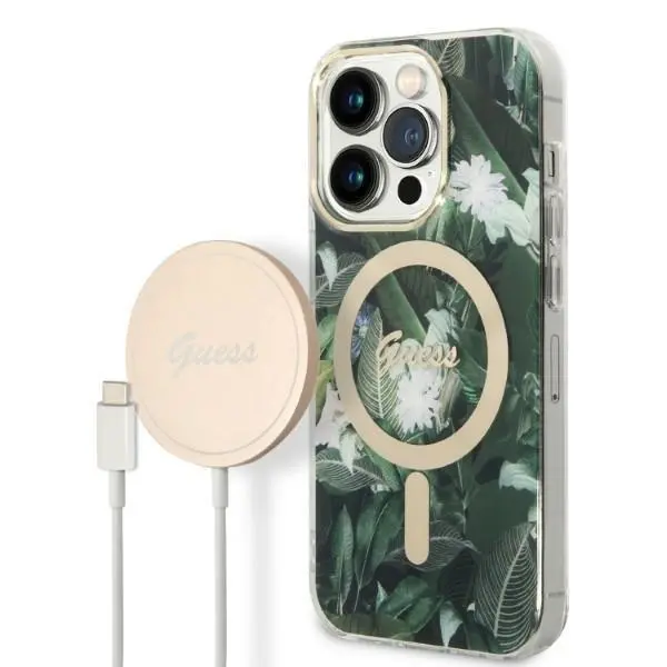Ładowarka indukcyjna Guess GUBPP14LHJEACSA ładowarka indukcyjna + etui Jungle MagSafe do iPhone 14 Pro