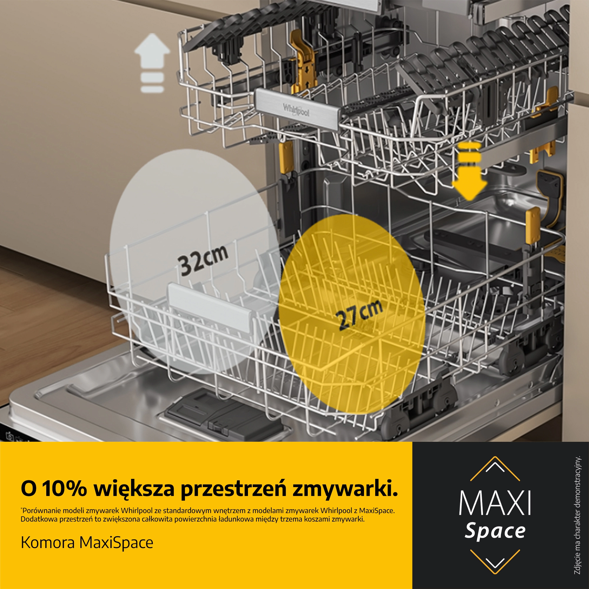 Wnętrze zmywarki Whirlpool W7F HP43 X z trzecią szufladą
