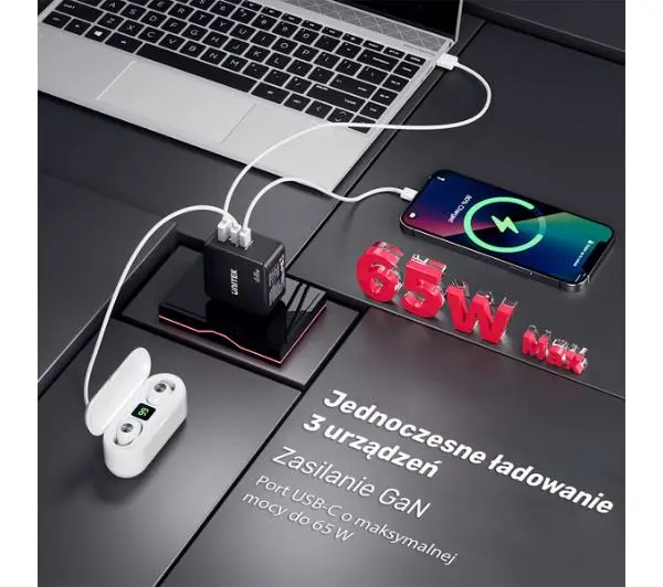 Unitek GaN PD 65W 2xUSB-C 1xUSB-A