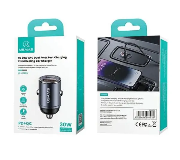 USAMS 1xUSB+1xUSB-C C38 30W PD Fast Charge Fioletowy