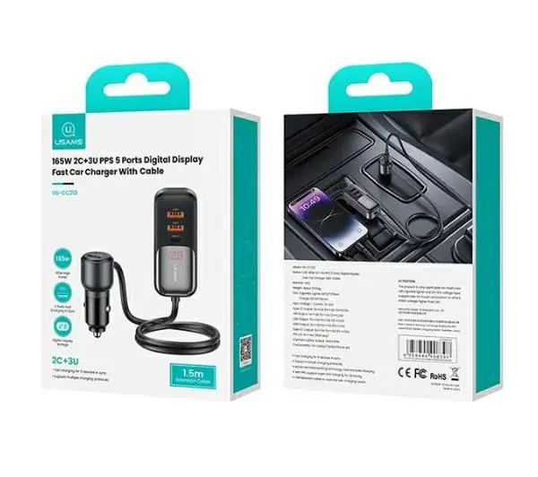 USAMS C40 3xUSB+2xUSB-C 165W PD+QC Fast Charge Czarny
