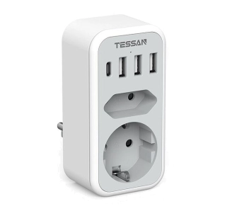 Gniazdo sieciowe Tessan TS-328-DE 2 gniazda 3x USB-A USB-C Biało-szary