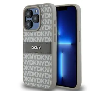 Etui DKNY Hardcase Leather Mono Stripe & Metal Logo do iPhone 15 Pro Beżowy