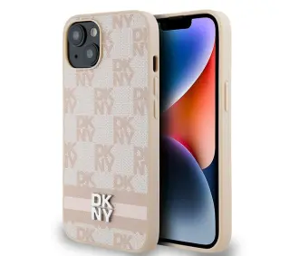 DKNY Leather Checkered Mono Pattern & Printed Stripes do iPhone 15 Różowy